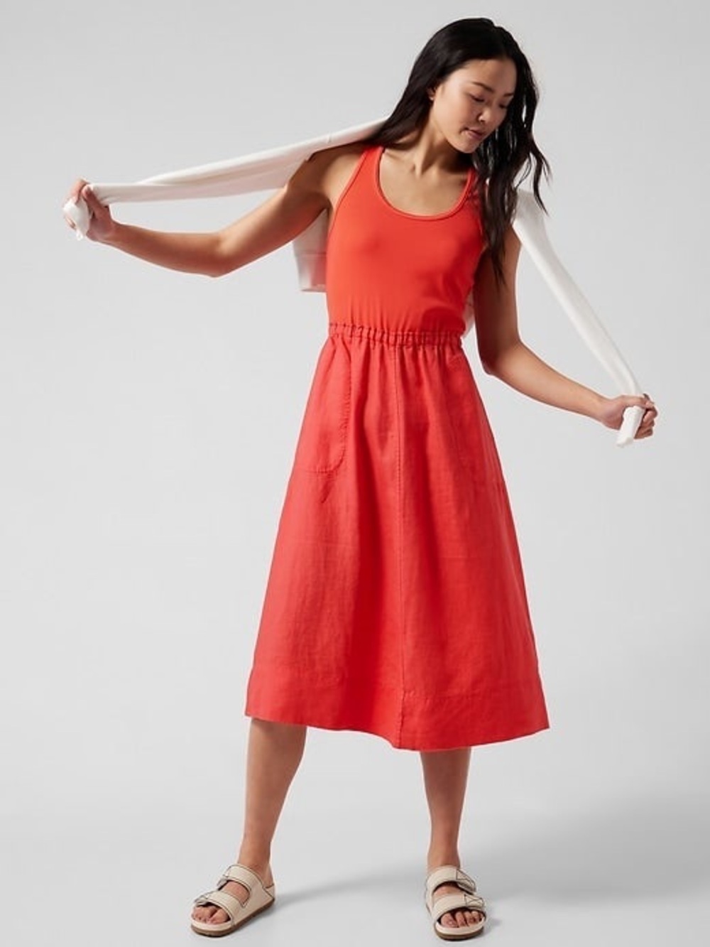 Athleta Baja Linen Midi Dress Coral Pink Racerback Pockets Athleisure Womens XXS